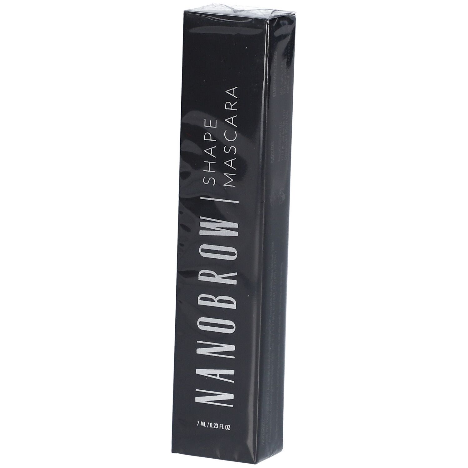 Emballage noir pour mascara Nanobrow Shape avec inscription blanche.