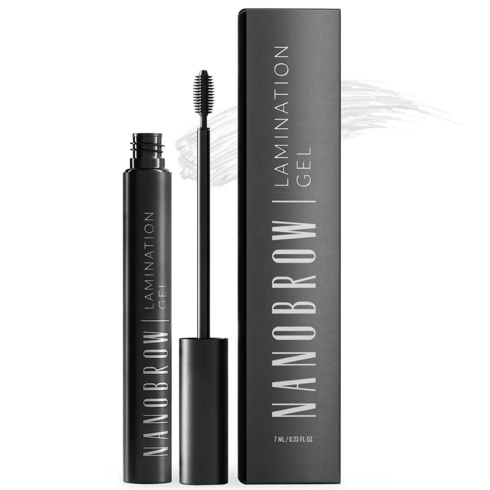 Zwarte fles en verpakking van NANOBROW Lamination Gel. Bevat een borstel.