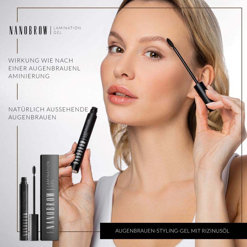 Vrouw met NANOBROW Lamination Gel. Product en verpakking zichtbaar. Tekst: Wenkbrauw styling gel met ricinusolie.