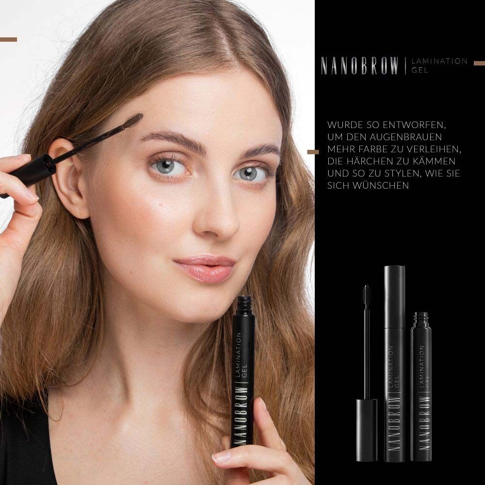 Vrouw met NANOBROW Lamination Gel. Product en verpakking zichtbaar. Tekst in het Duits.