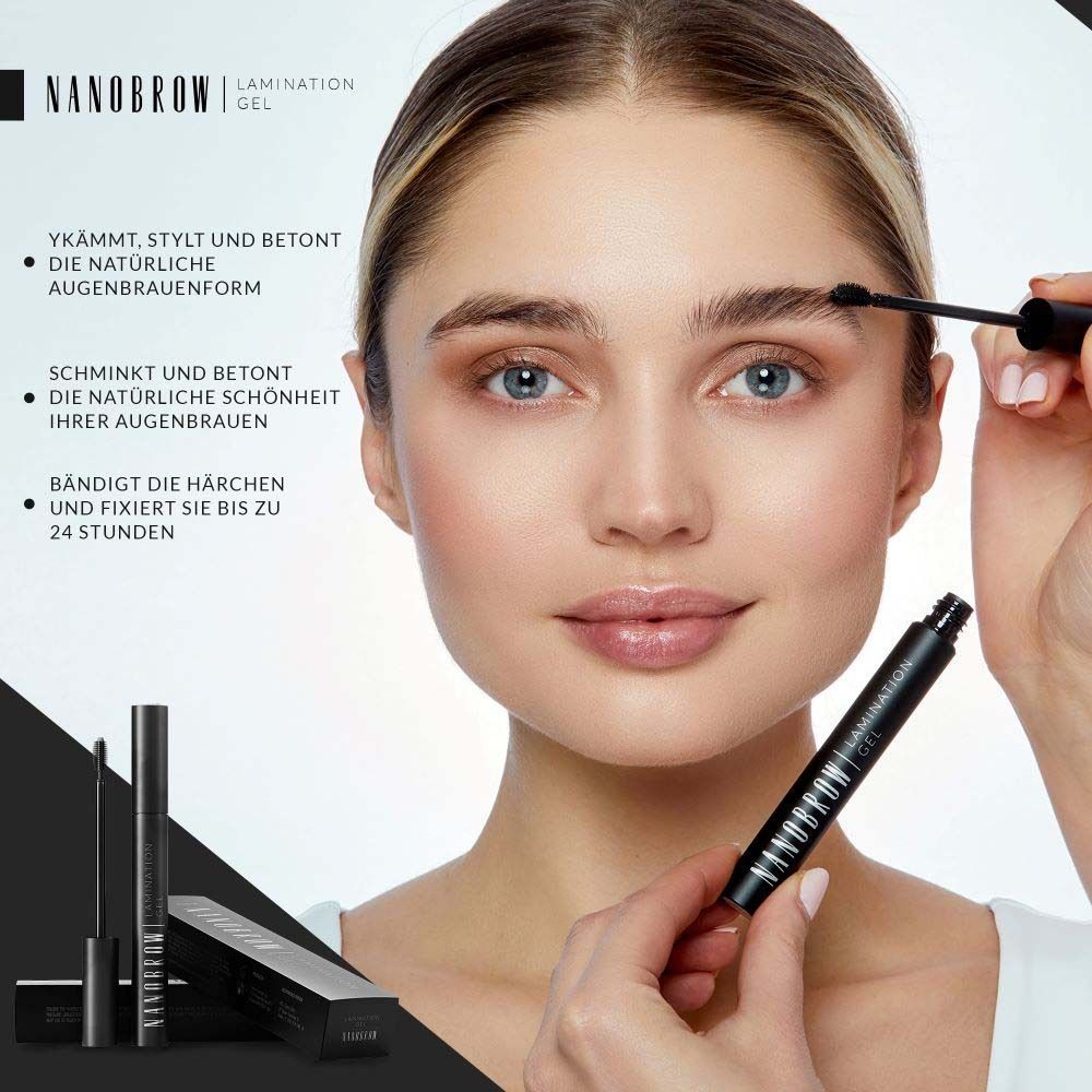 Vrouw met NANOBROW Lamination Gel. Product en verpakking zichtbaar. Tekst in het Duits.