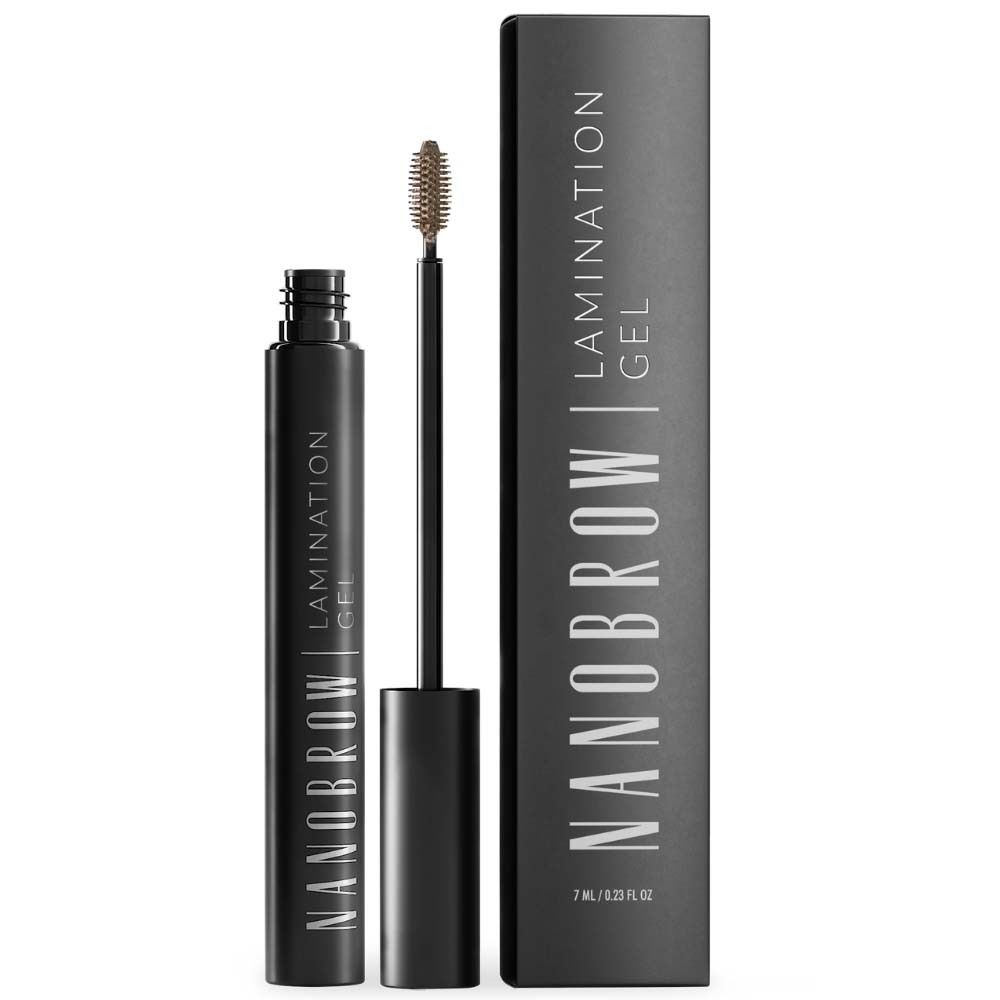 Flacon et emballage noirs avec l'inscription NANOBROW Lamination Gel. Brosse visible.
