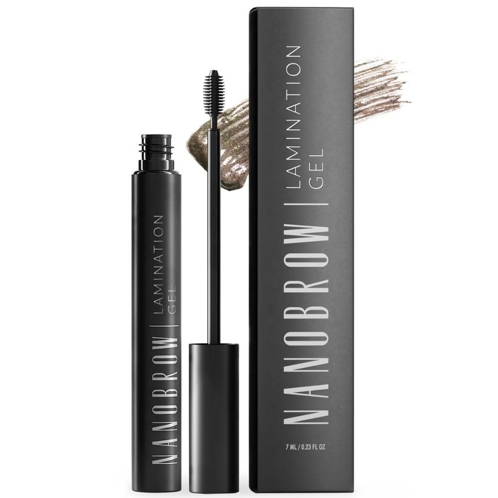 Flacon et emballage noirs avec l'inscription NANOBROW Lamination Gel. Brosse avec produit.