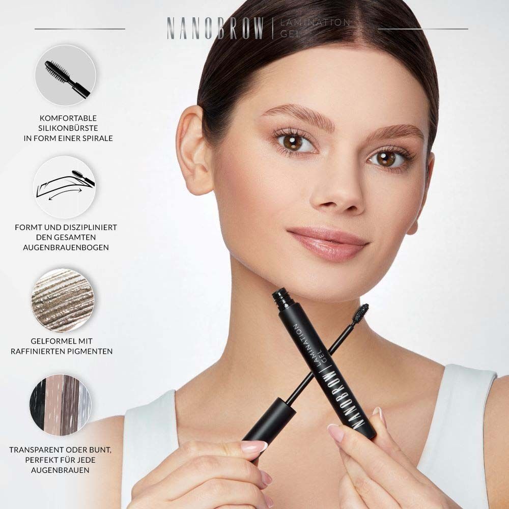 Femme avec NANOBROW Lamination Gel. Produit et emballage visibles. Caractéristiques du produit montrées.