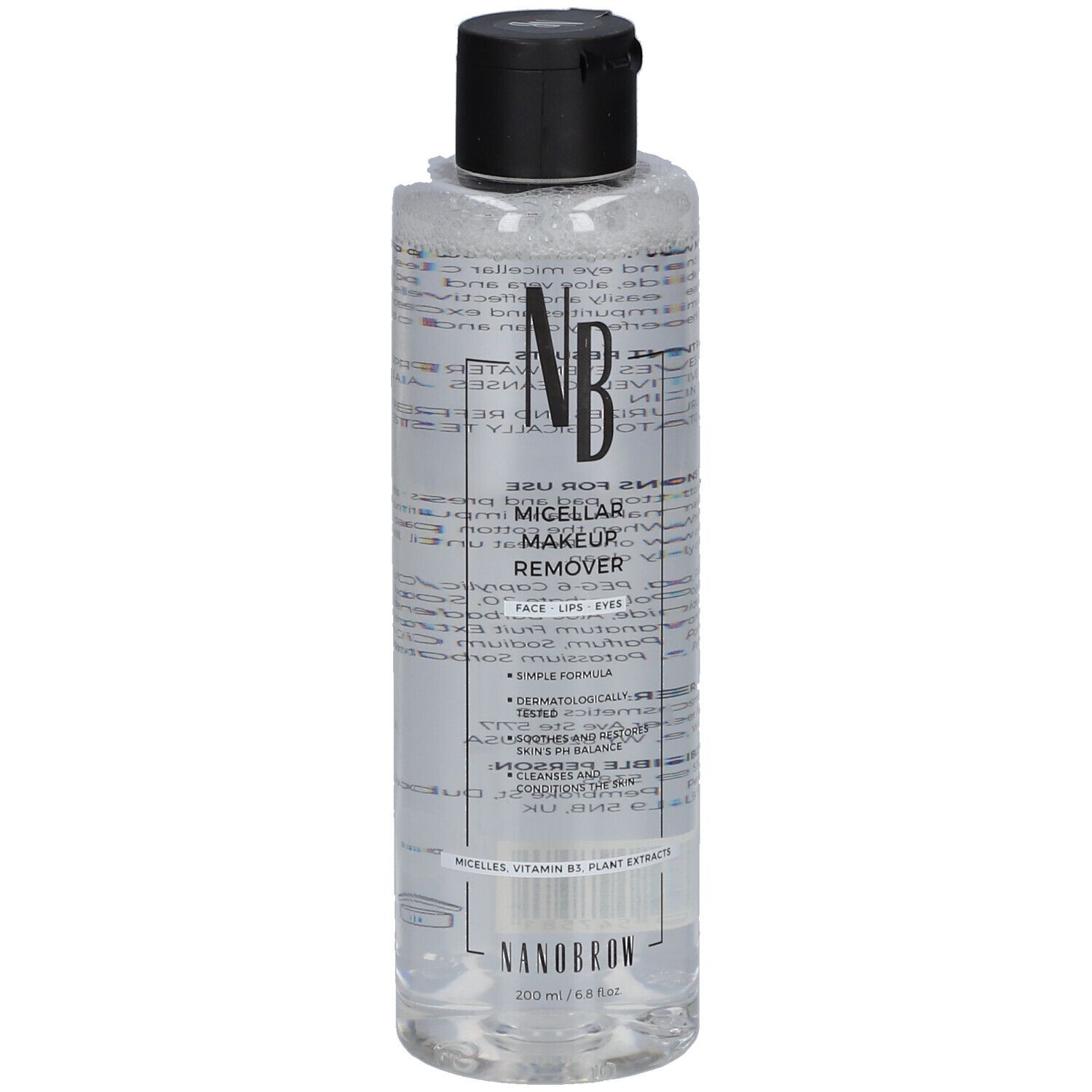 Nanobrow Micellar Makeup Remover fles, 200 ml, met zwarte klapdop.