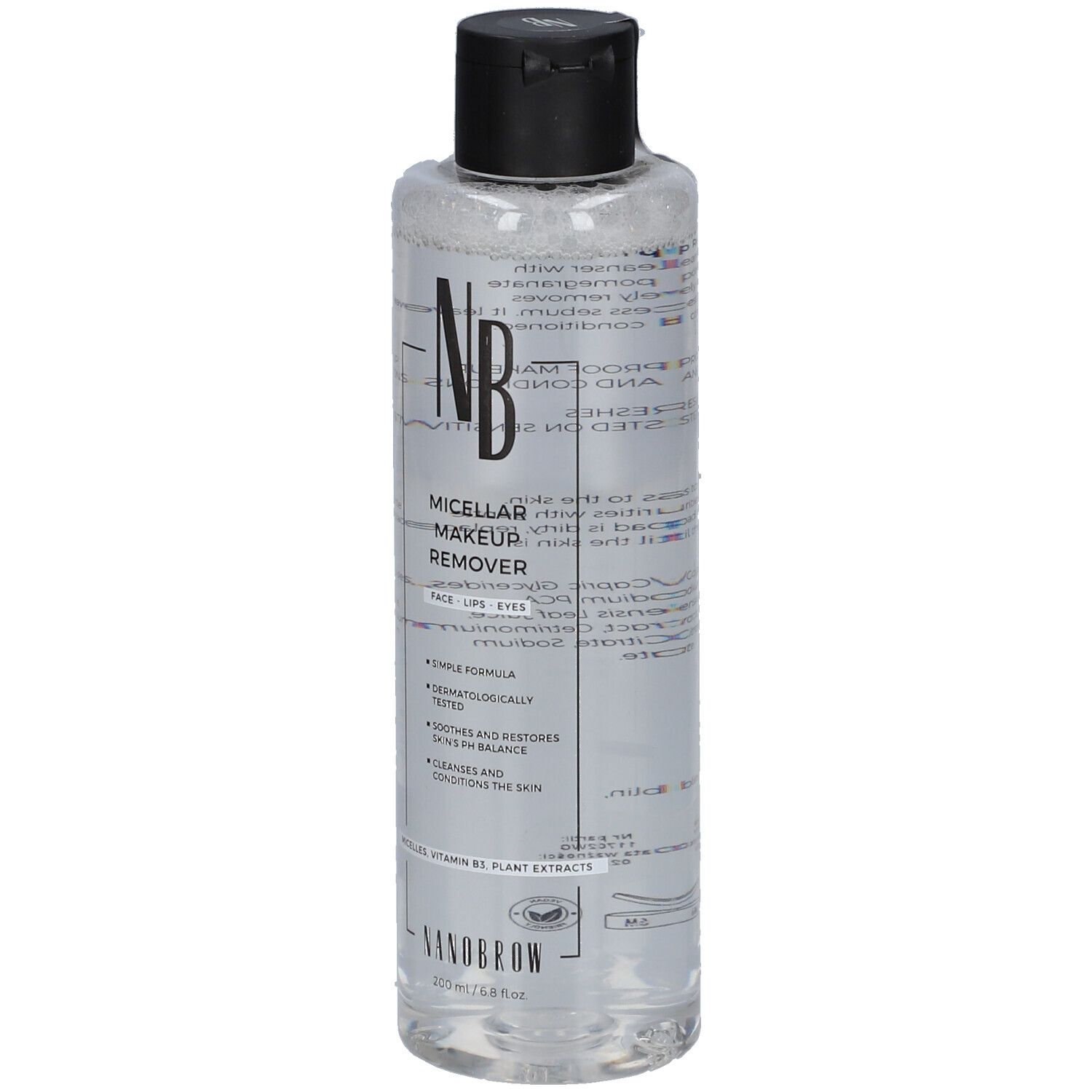 Duidelijke fles met zwarte dop, met micellair make-up remover. Etiket met 'NB' en 'VANDIGROW'.