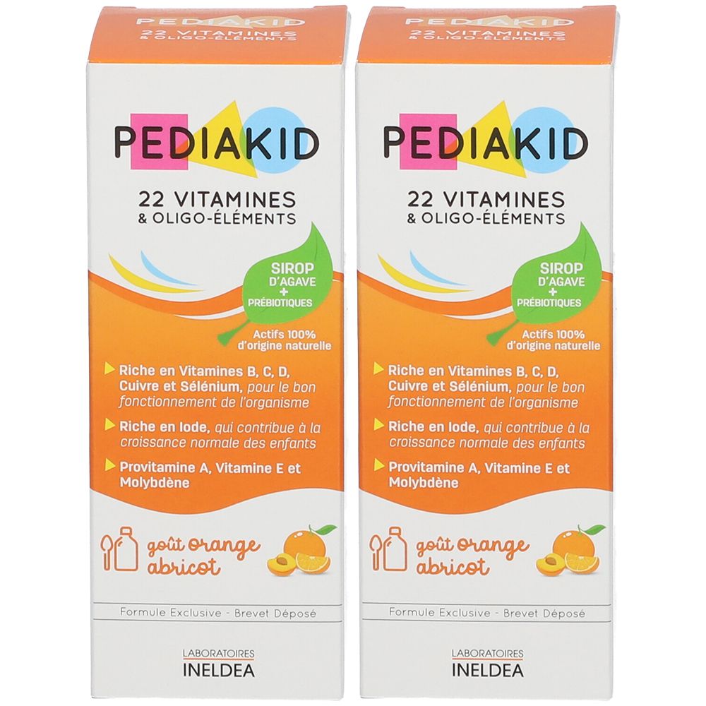 Twee rechthoekige dozen. Opschrift: PEDIAKID, 22 vitaminen & oligo-elementen. Smaak: sinaasappel-abrikoos. Logo's en tekst.