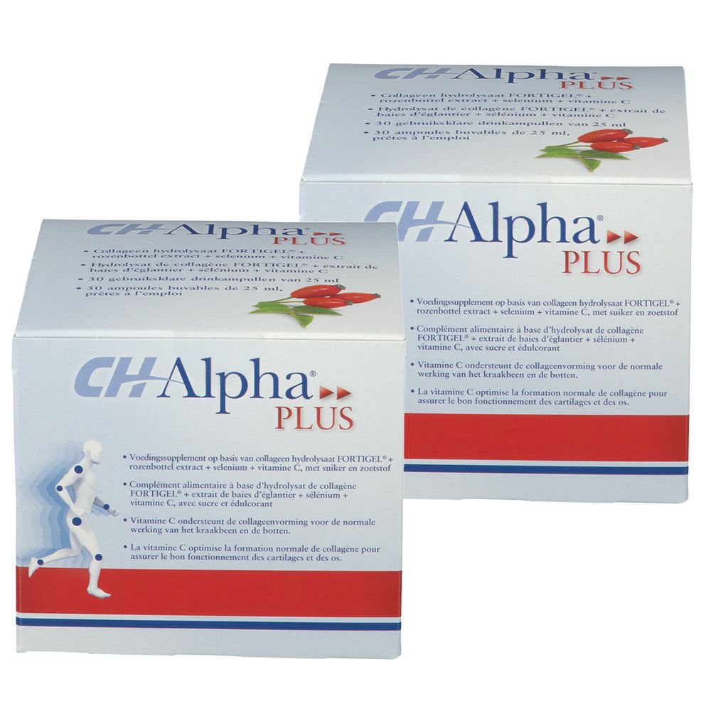 Twee witte dozen met rode en blauwe tekst. Opschrift: CH Alpha Plus. Eén doos toont een rennende man.