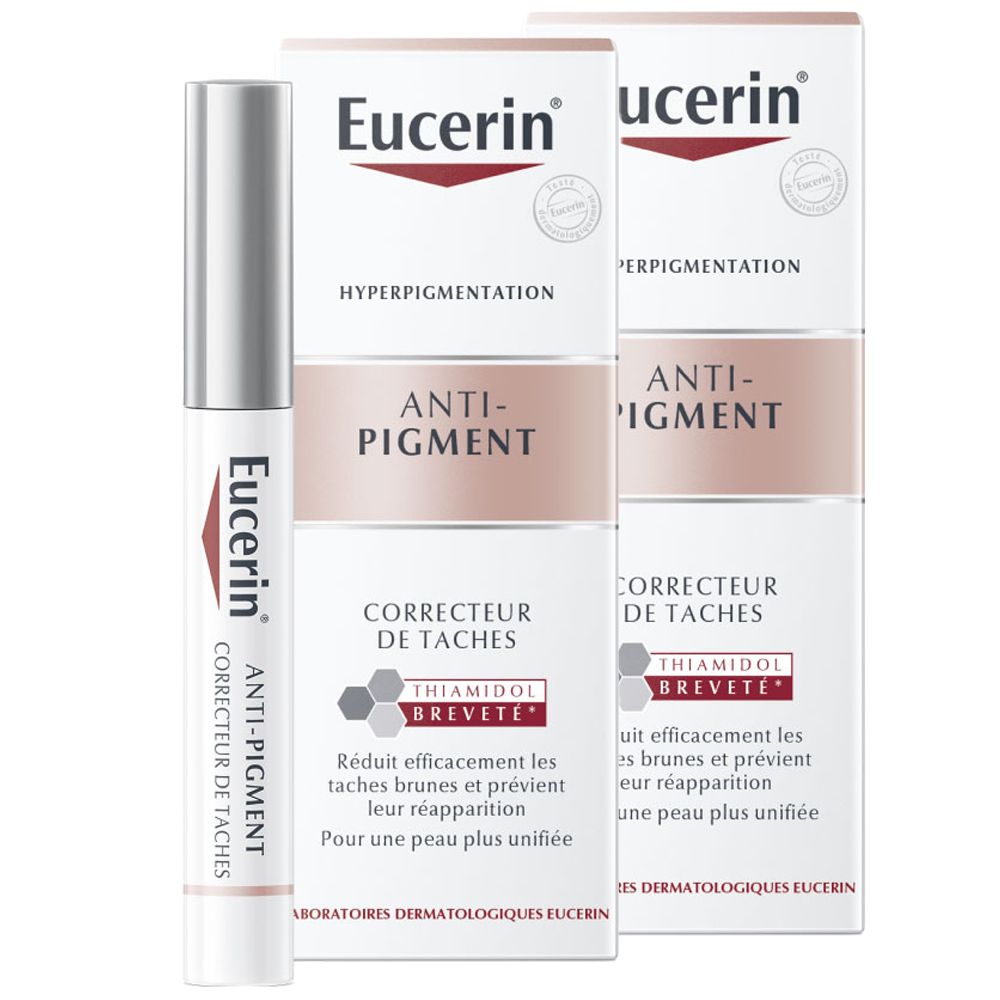 Stylo correcteur et deux boîtes. Inscription : Eucerin Anti-Pigment, Correcteur de Taches. Contient du Thiamidol.