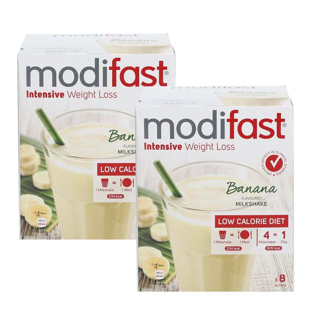 Twee dozen modifast® Intensive Weight Loss. Opschrift: Banaan, Milkshake, Laagcaloriedieet. Met certificering.