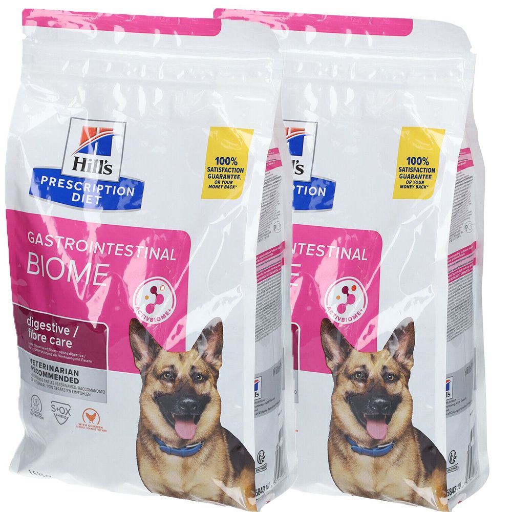 Deux sacs de nourriture pour chiens. Inscription : Hill's Prescription Diet Gastrointestinal Biome. Image d'un chien.