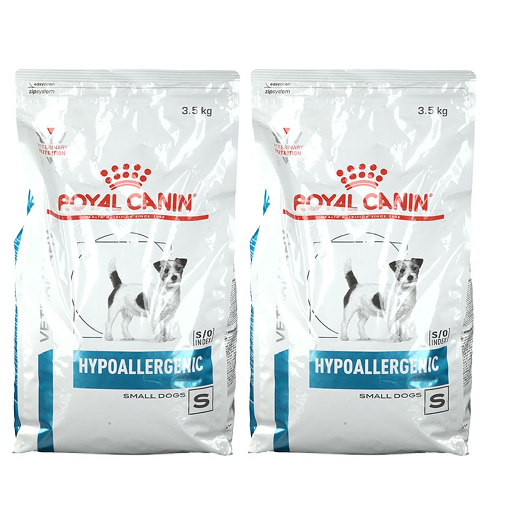Twee zakken ROYAL CANIN Veterinary Hypoallergenic Small Dogs S. Opschrift: 3,5 kg, Hypoallergenic, afbeelding van een hond.