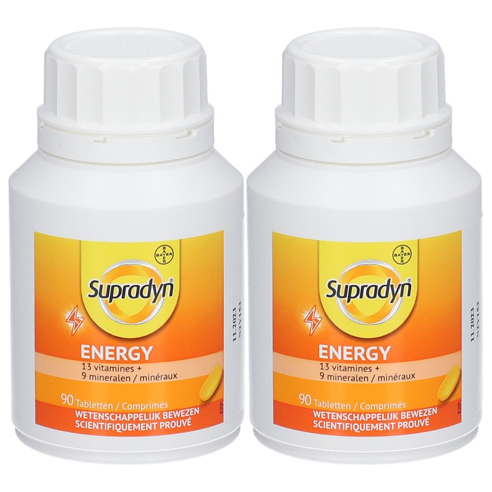 Twee witte flessen met geel-oranje etiketten. Opschrift: Supradyn Energy, 13 vitaminen + 9 mineralen. 90 tabletten.