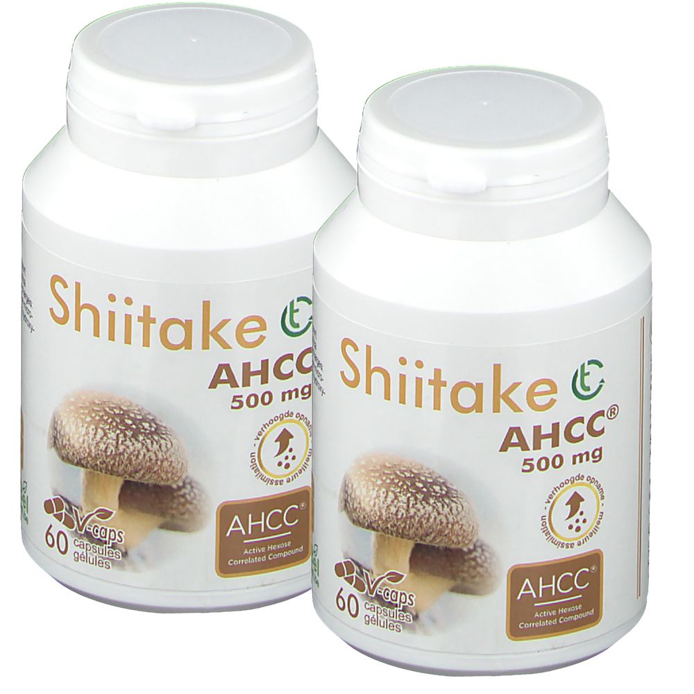 Twee witte flessen met Shiitake AHCC 500 mg. Afbeelding van een paddenstoel. 60 capsules. Vegane capsules.