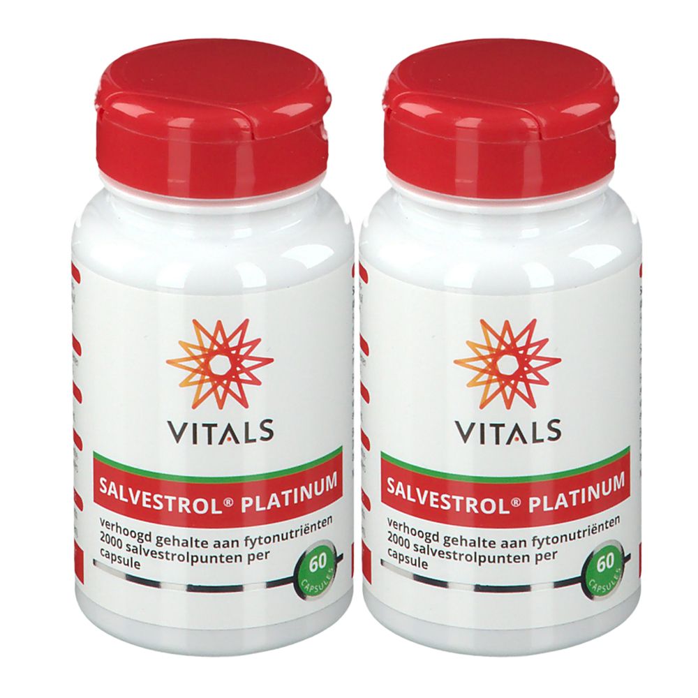 Twee witte flessen met rode dop. Opschrift: VITALS, SALVESTROL PLATINUM. Bevat 60 capsules.