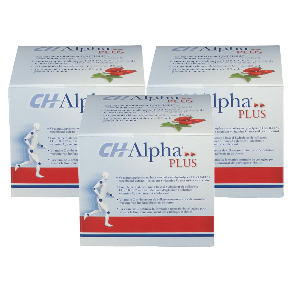 Drie witte dozen met "CH Alpha PLUS". Rode streep onderaan. Illustratie van een rennende man. Meertalige tekst.