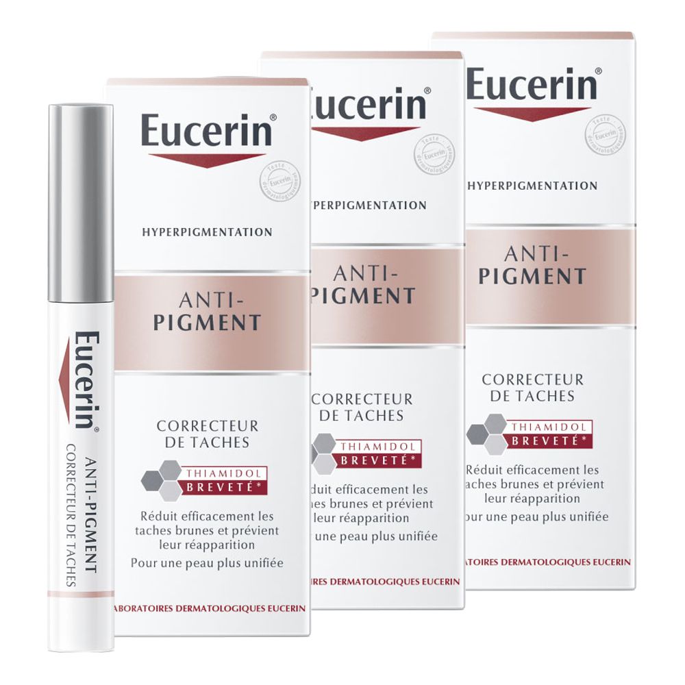 Stylo correcteur Anti-Pigment Eucerin et emballages. Blanc, marron et argenté. Texte : Anti-Pigment, Correcteur de Taches, Thiamidol Breveté.