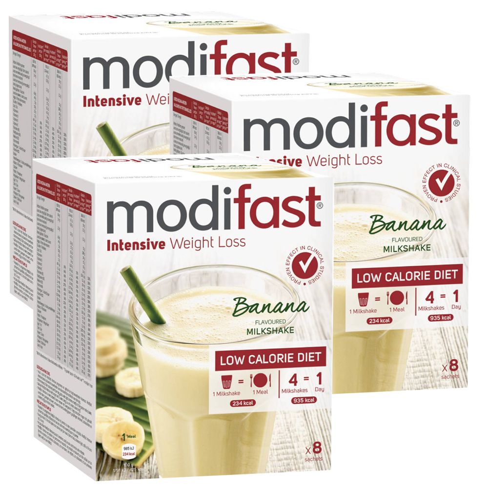 Drie dozen modifast® Intensive Weight Loss. Opschrift: Banana Flavoured Milkshake. Laagcaloriedieet. 8 porties.
