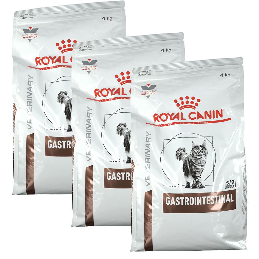 Trois sacs de nourriture pour chats ROYAL CANIN Veterinary Gastrointestinal. Blanc avec logo, chat et texte. 4 kg.
