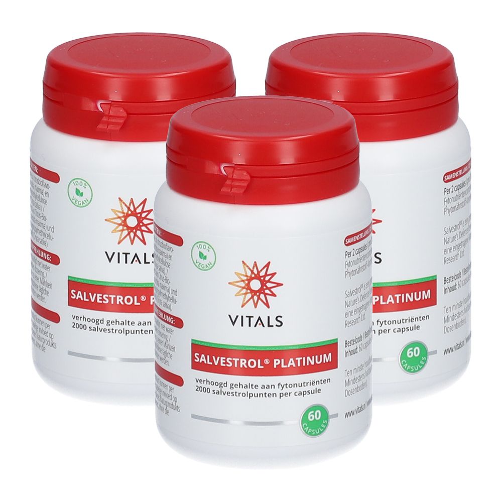 Drie witte flessen met rode deksels. Opschrift: Vitals Salvestrol Platinum, 60 capsules. Vegan keurmerk.