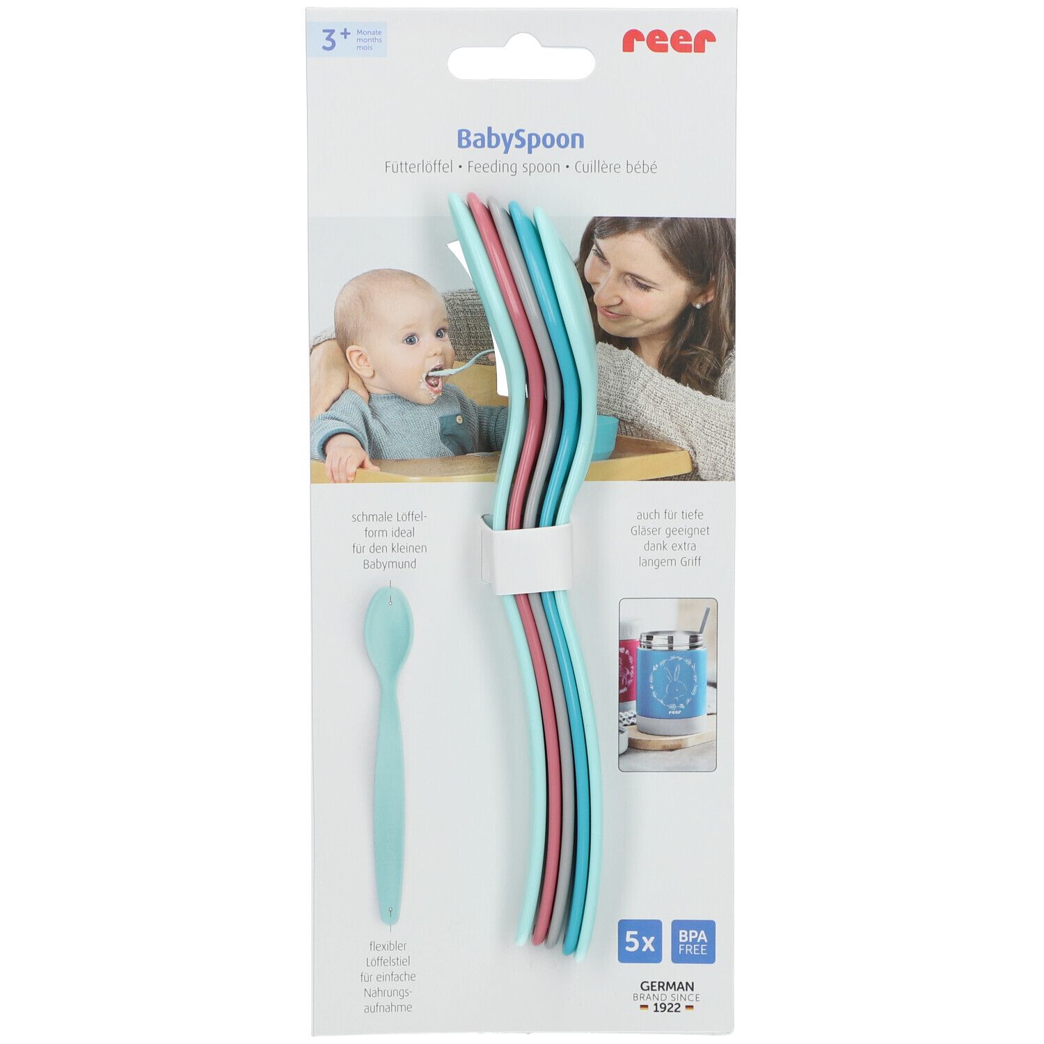 Set van 5 reer® BabySpoon lepels. Verschillende kleuren. BPA-vrij. Verpakking met productafbeelding en tekst.