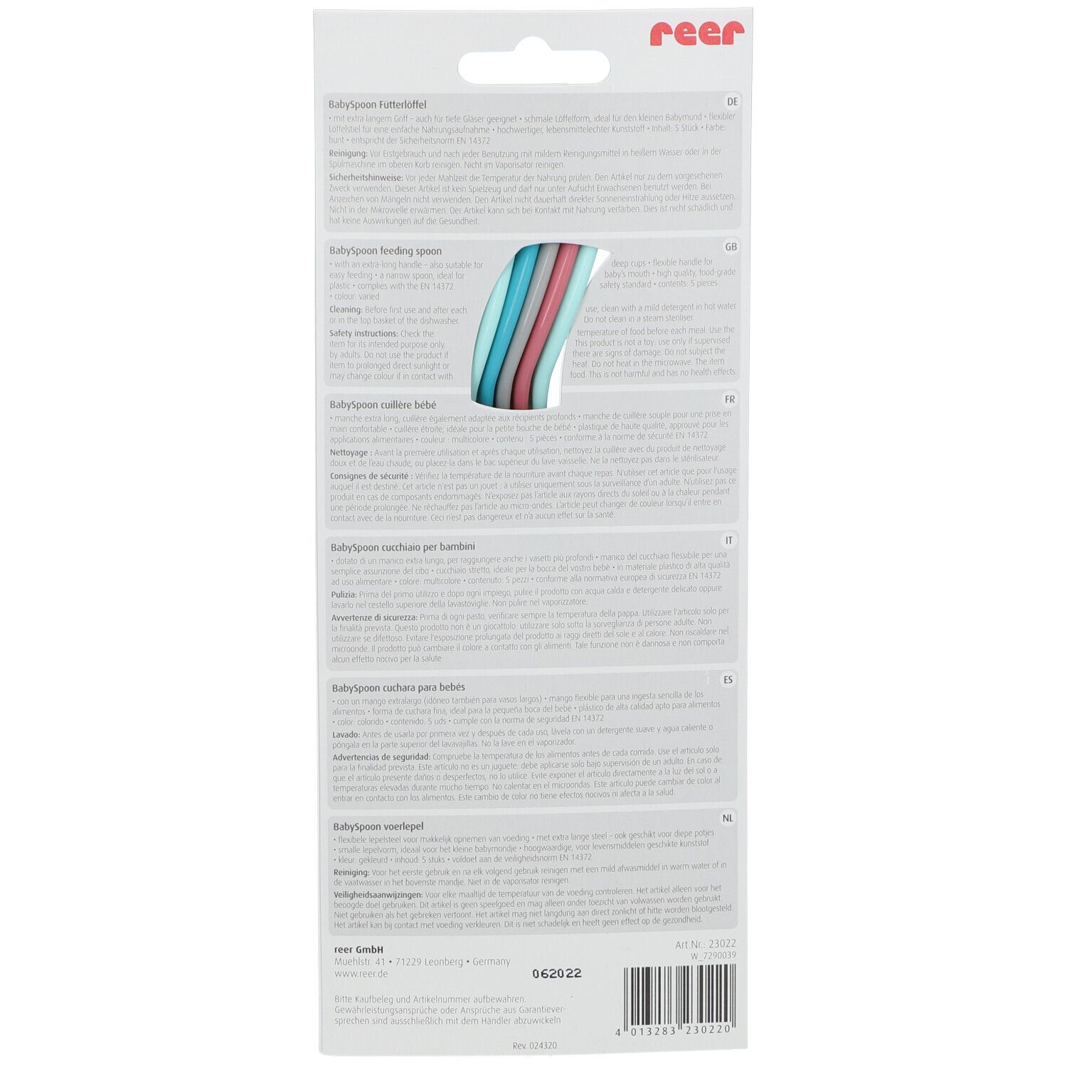 Achterkant van de reer® BabySpoon verpakking. Tekst in meerdere talen. Productafbeelding van de lepels.