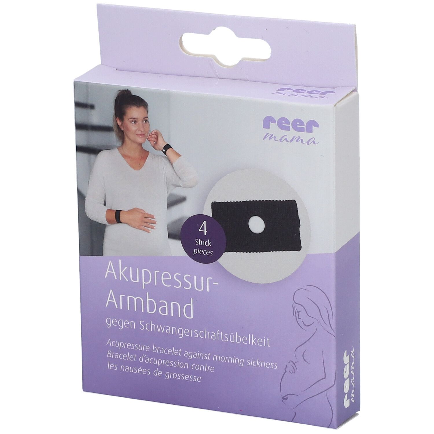 Verpakking met acupressuurarmband. Zwarte armband met gat. Opschrift: reer mama, 4 stuks. Tegen ochtendmisselijkheid.
