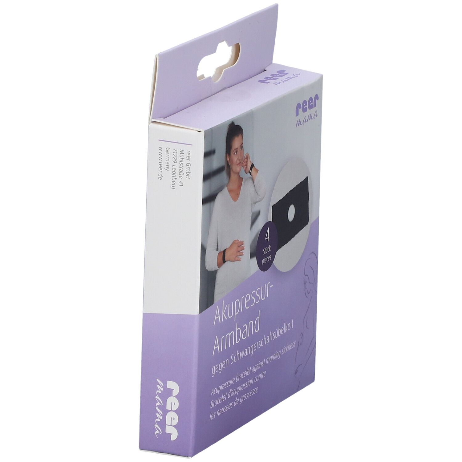 Zijaanzicht van de verpakking. Opschrift: reer mama, acupressuurarmband. 4 stuks. Tegen ochtendmisselijkheid. Met handvat.