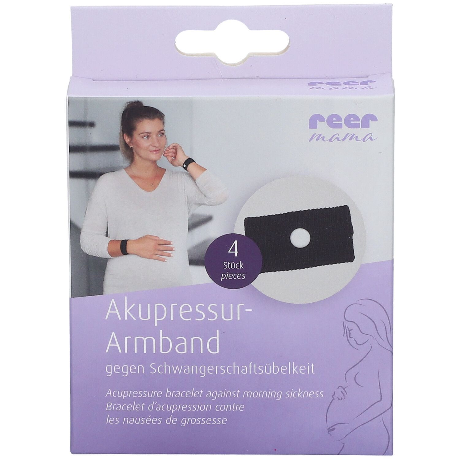 Verpakking met acupressuurarmband. Zwarte armband met gat. Opschrift: reer mama, 4 stuks. Tegen ochtendmisselijkheid.