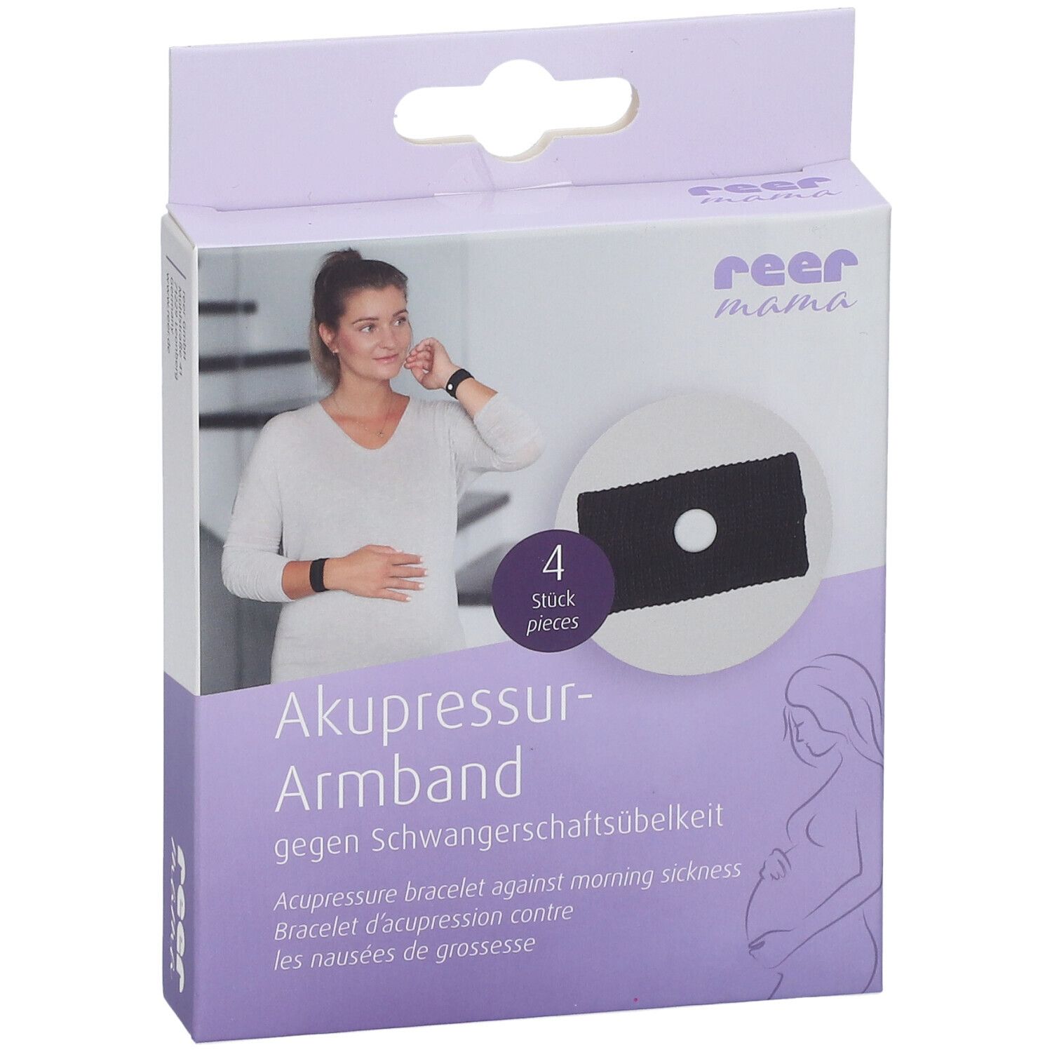 Verpakking met acupressuurarmband. Zwarte armband met gat. Opschrift: reer mama, 4 stuks. Tegen ochtendmisselijkheid.
