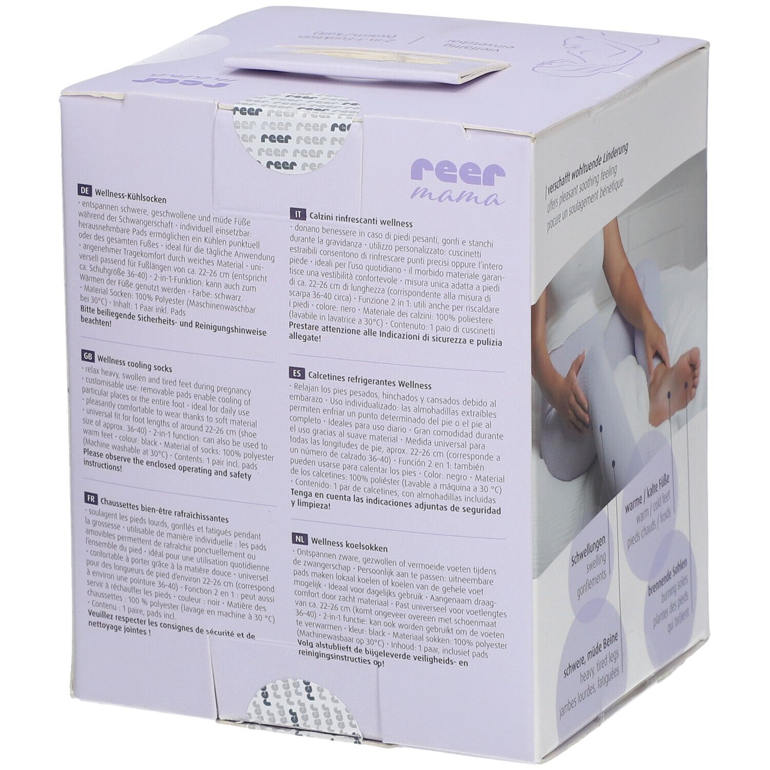 Boîte avec texte et image du produit. Texte : Wellness-Kühlsocken. Marque : reer mama. Informations en allemand, anglais, français, italien.