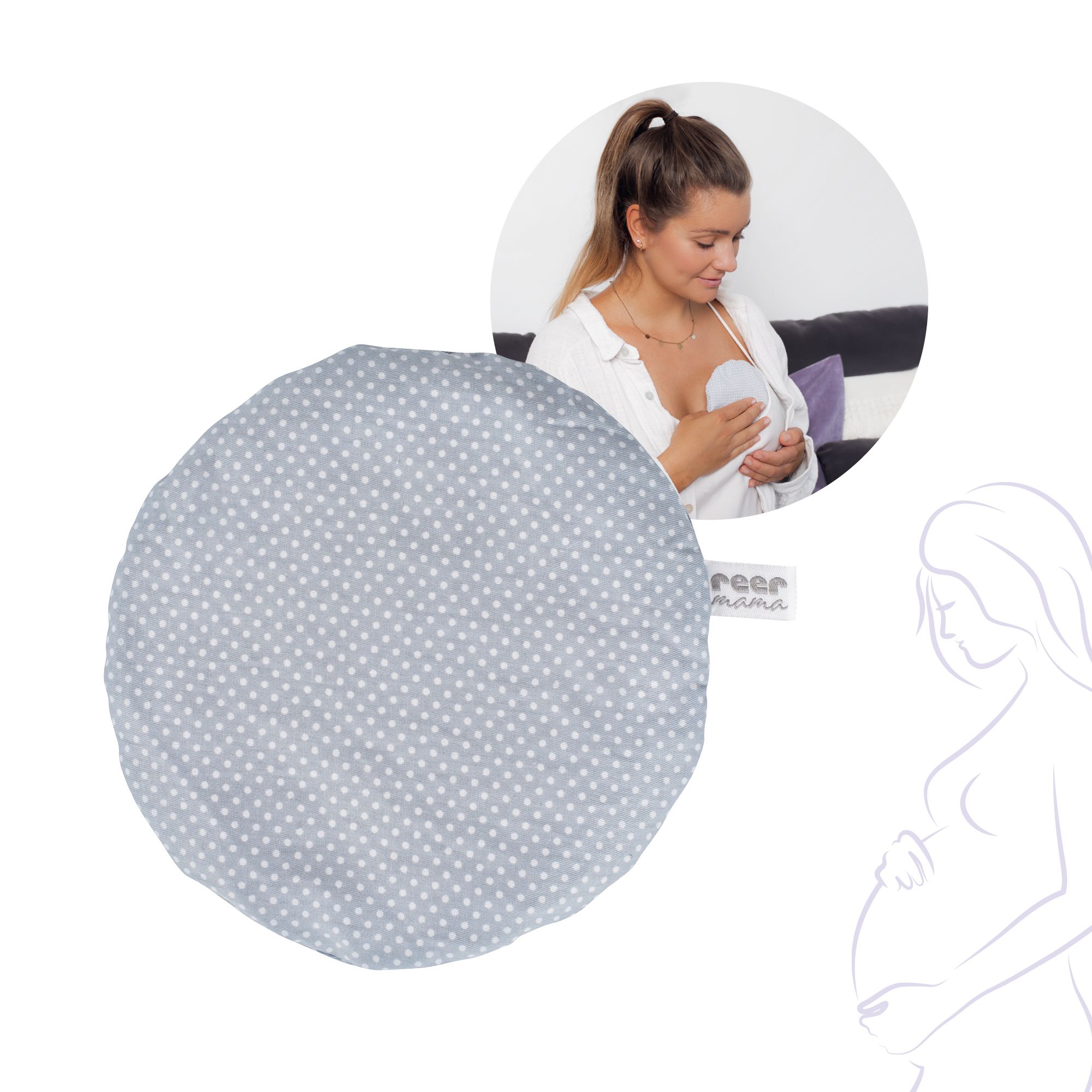 Coussin rond à pois. En arrière-plan : femme avec coussin sur la poitrine. Logo : reer mama.
