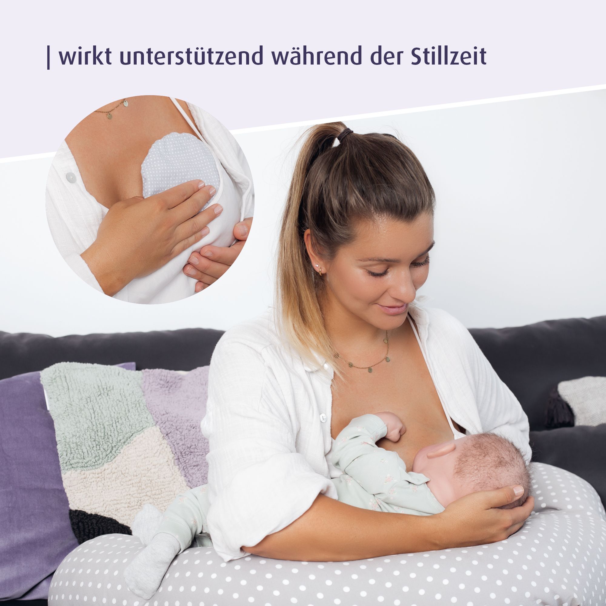 Femme qui allaite un bébé, tenant un coussin à pois. Coussin sur la poitrine. Texte : soutient pendant l'allaitement.