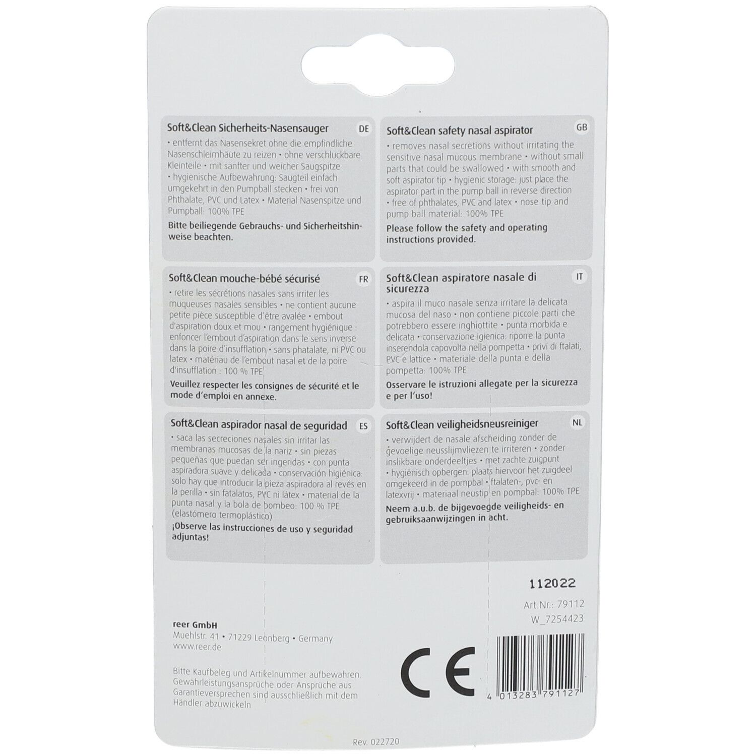 Achterkant van de verpakking van de neuszuiger. Tekst in meerdere talen, waaronder Duits, Engels, Frans, Italiaans en Nederlands.