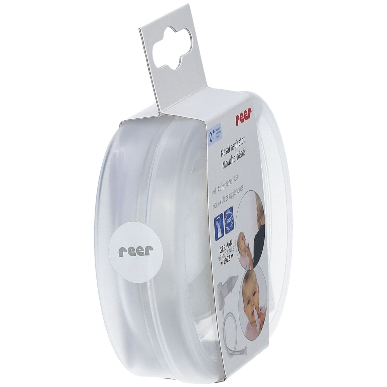 Zijaanzicht van de verpakking van de neusaspirator. Merk: reer. Verpakking bevat productillustraties.