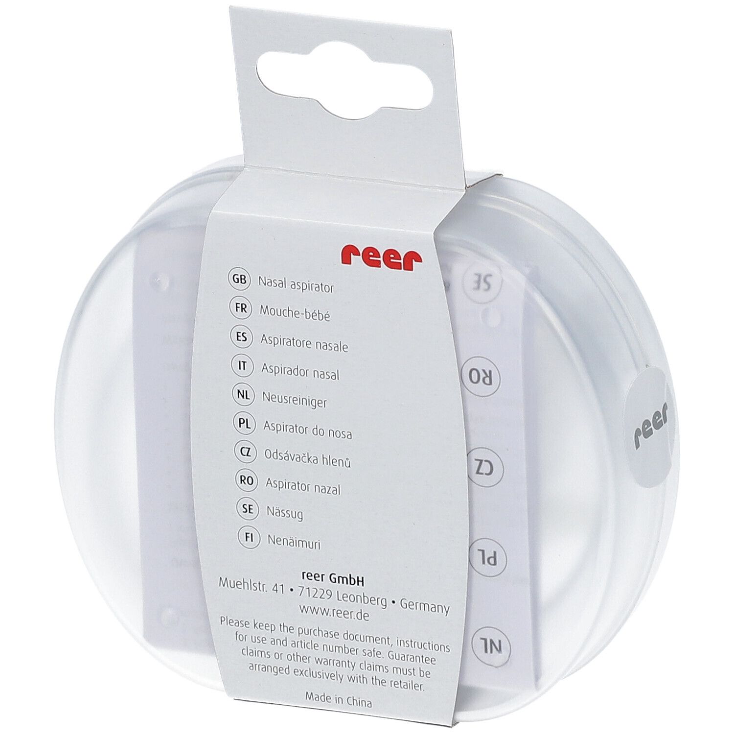 Achterkant van de verpakking van de neusaspirator. Meertalige productnamen. Merk: reer.