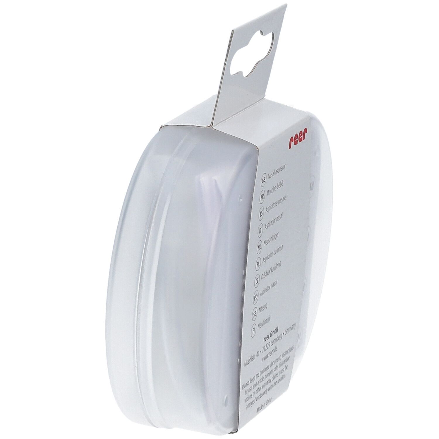 Zijaanzicht van de verpakking van de neusaspirator. Merk: reer. Verpakking bevat productillustraties.