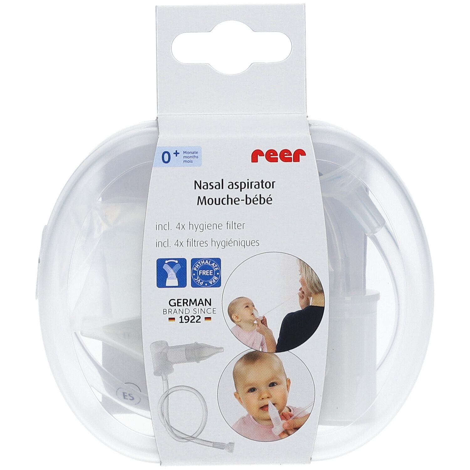 Neusaspirator in transparante verpakking. Bevat 4 hygiënefilters. Merk: reer.
