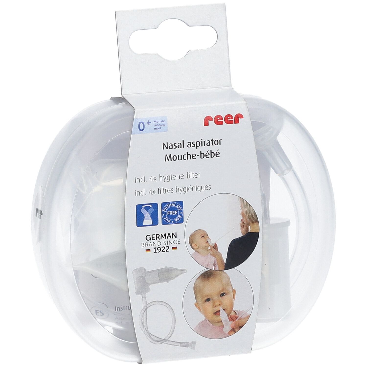 Neusaspirator in transparante verpakking. Bevat 4 hygiënefilters. Merk: reer.