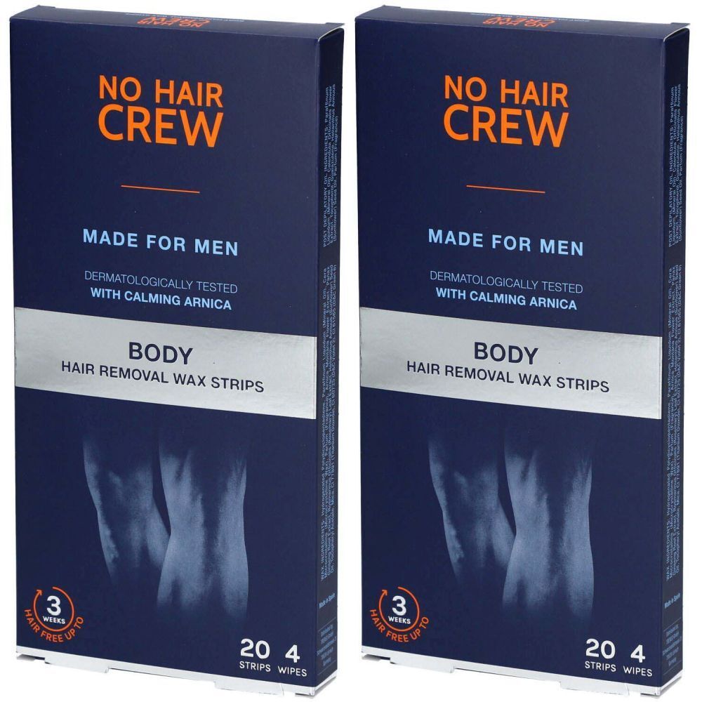 Twee blauwe dozen met waxstrips. Opschrift: NO HAIR CREW, MADE FOR MEN, BODY, dermatologisch getest. Bevat 20 strips en 4 doekjes.