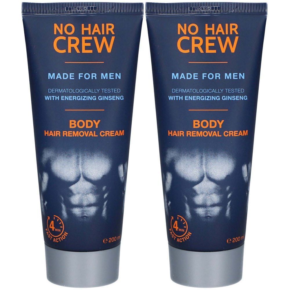 Twee tubes ontharingscrème voor het lichaam. Blauwe tubes met oranje tekst. Opschrift: NO HAIR CREW, MADE FOR MEN.