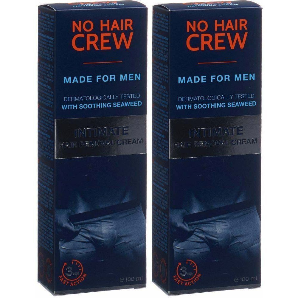 Twee blauwe dozen met productopdruk. Opschrift: NO HAIR CREW, MADE FOR MEN, intieme ontharingscrème. 100 ml.
