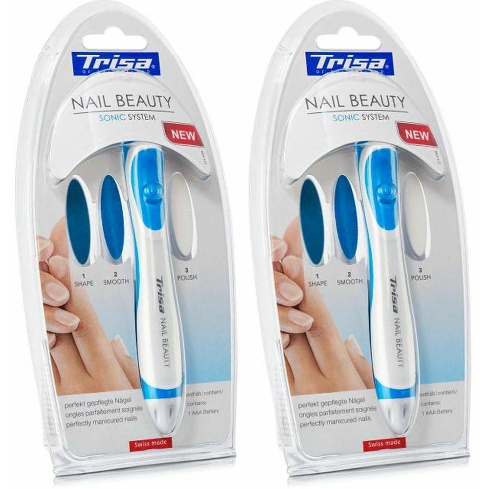 Twee verpakkingen van Trisa Nail Beauty Sonic System. Elke verpakking bevat een apparaat, drie opzetstukken en een batterij. Swiss Made.