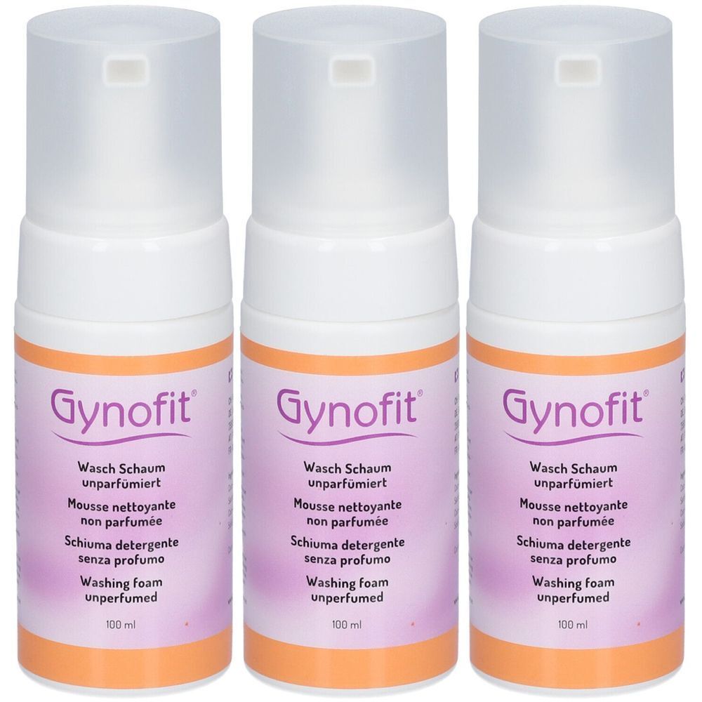 Trois flacons blancs avec vaporisateur. Chaque flacon porte l'inscription "Gynofit" et "Mousse nettoyante non parfumée".