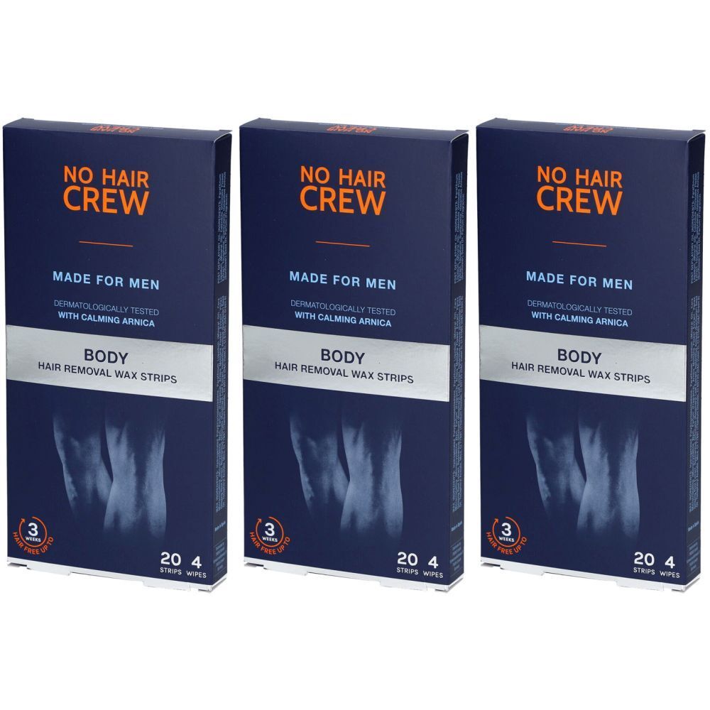 Trois boîtes de bandes de cire pour l'épilation du corps. Inscription : NO HAIR CREW, MADE FOR MEN, avec de l'arnica apaisante.