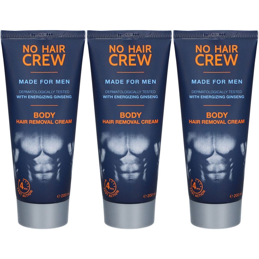 Drie tubes ontharingscrème voor het lichaam. Opschrift: NO HAIR CREW, MADE FOR MEN, BODY HAIR REMOVAL CREAM.