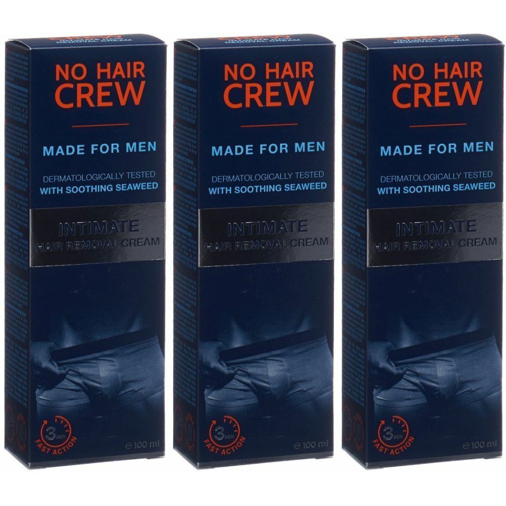 Drie blauwe dozen met de tekst "NO HAIR CREW", "MADE FOR MEN" en "INTIMATE Hair Removal Cream".