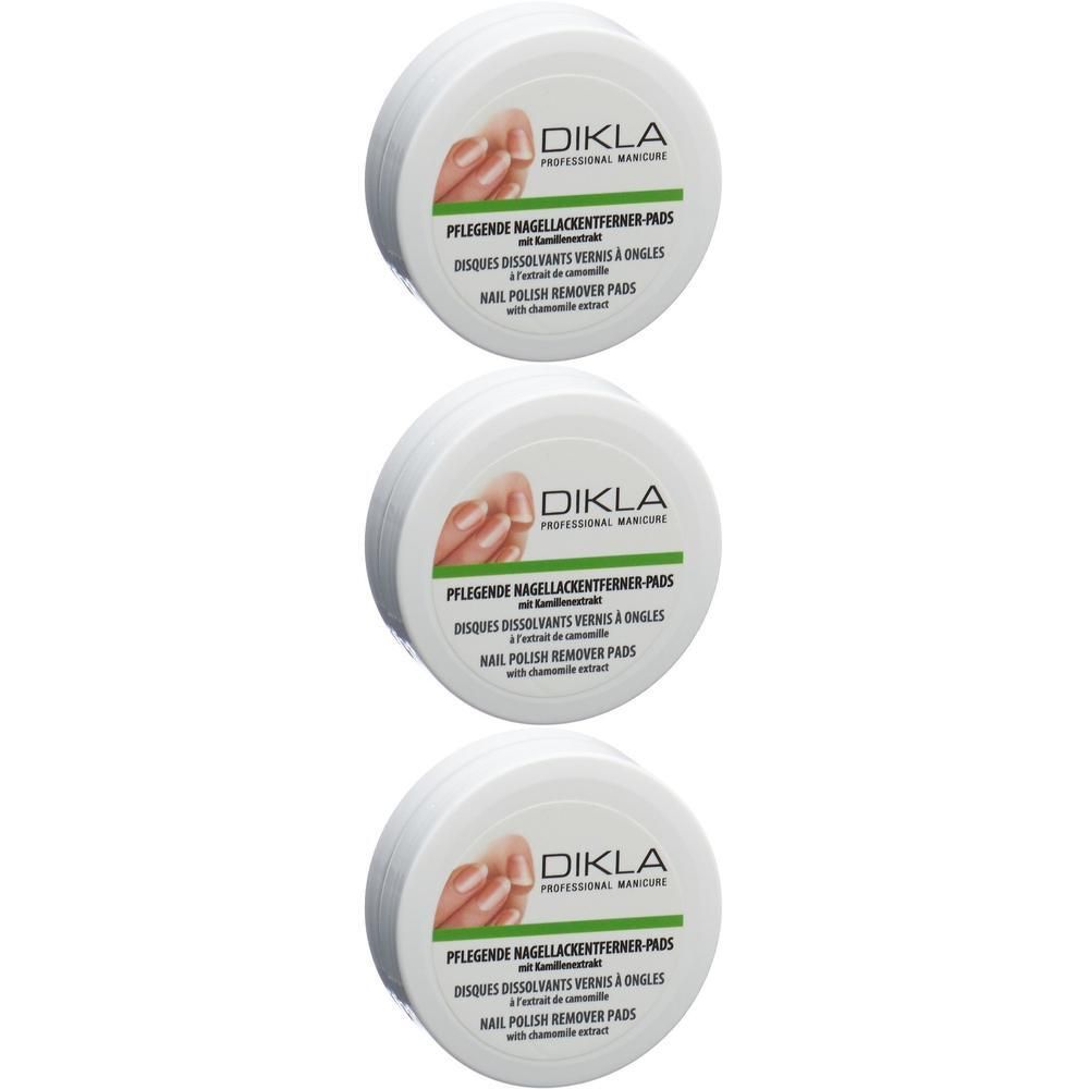 Trois boîtes de disques dissolvants DIKLA pour vernis à ongles avec extrait de camomille.