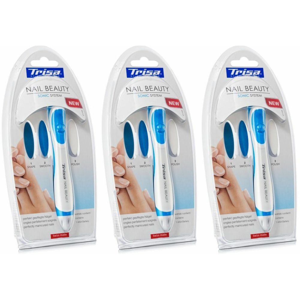 Drie verpakkingen TRISA Nail Beauty. Elke verpakking bevat een wit-blauw apparaat en blauwe opzetstukken. Opschrift: Sonic System, NEW, Swiss Made.
