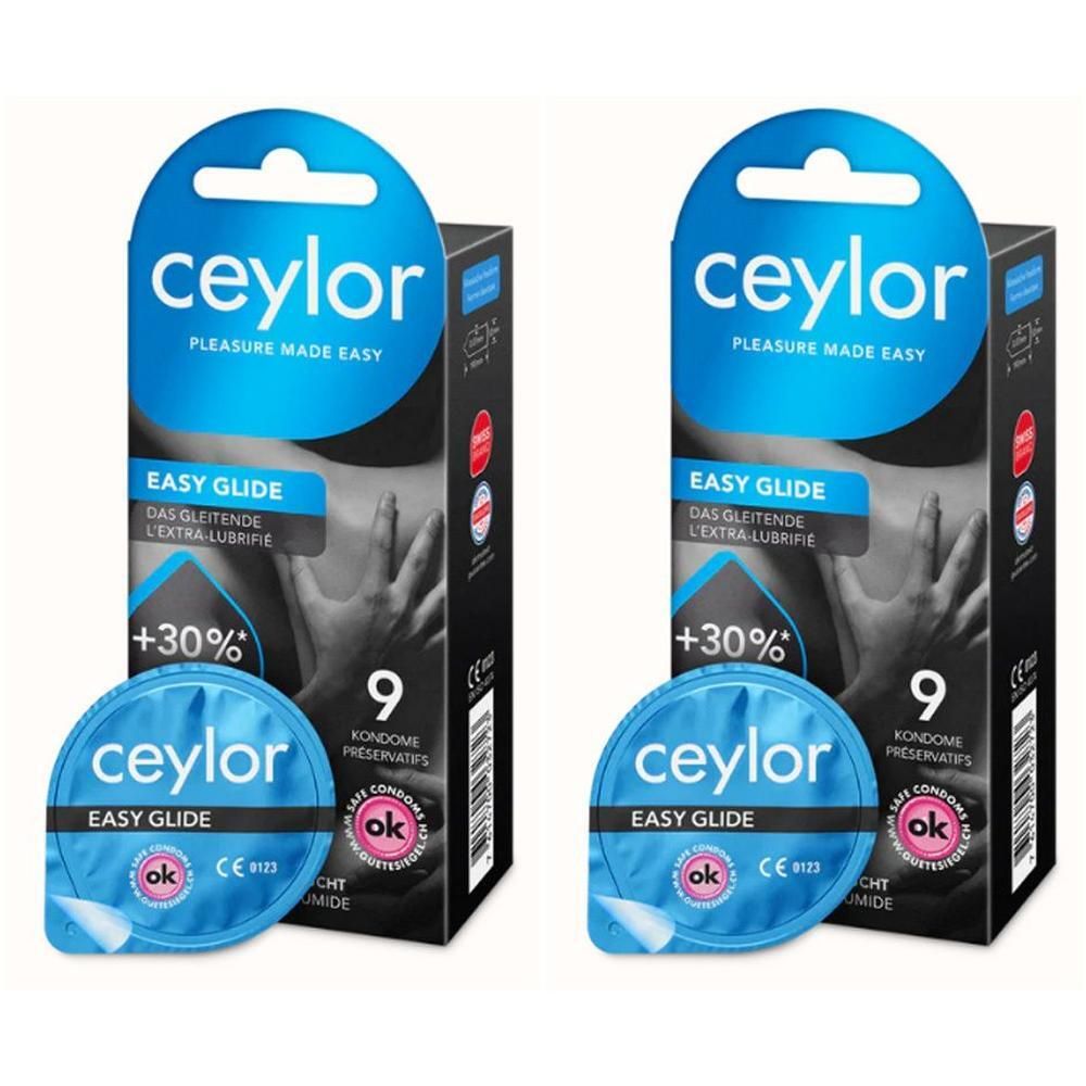 Twee pakken Ceylor Easy Glide condooms, 9 per pak. Individueel verpakt, met +30% glijmiddel.